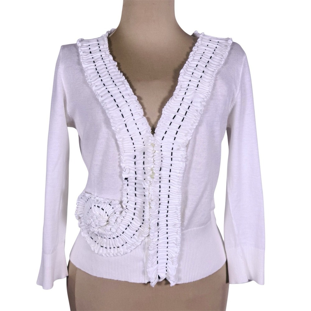 Anthro Sparrow White Sculptural Ruffle Front Button Up‎ Cardigan Medium Coquette